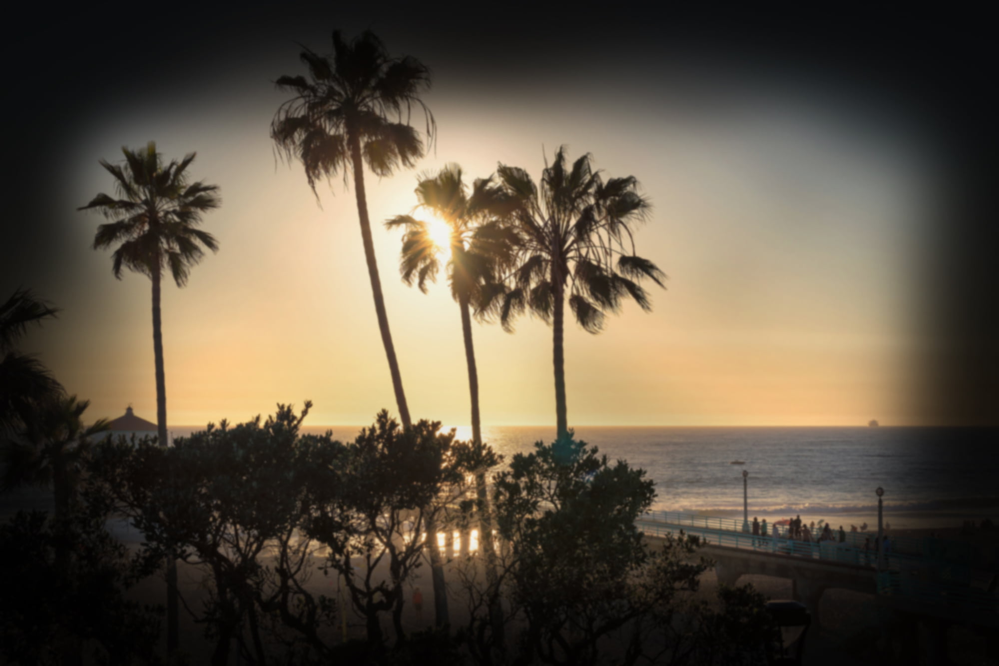 Glaucoma vision of A scenic view of a beach at sunset with palm trees silhouetted against the sky and a pier extending into the ocean - San Dimas Optometry Glaucoma vision of A scenic view of a beach at sunset with palm trees silhouetted against the sky and a pier extending into the ocean - San Dimas Optometry