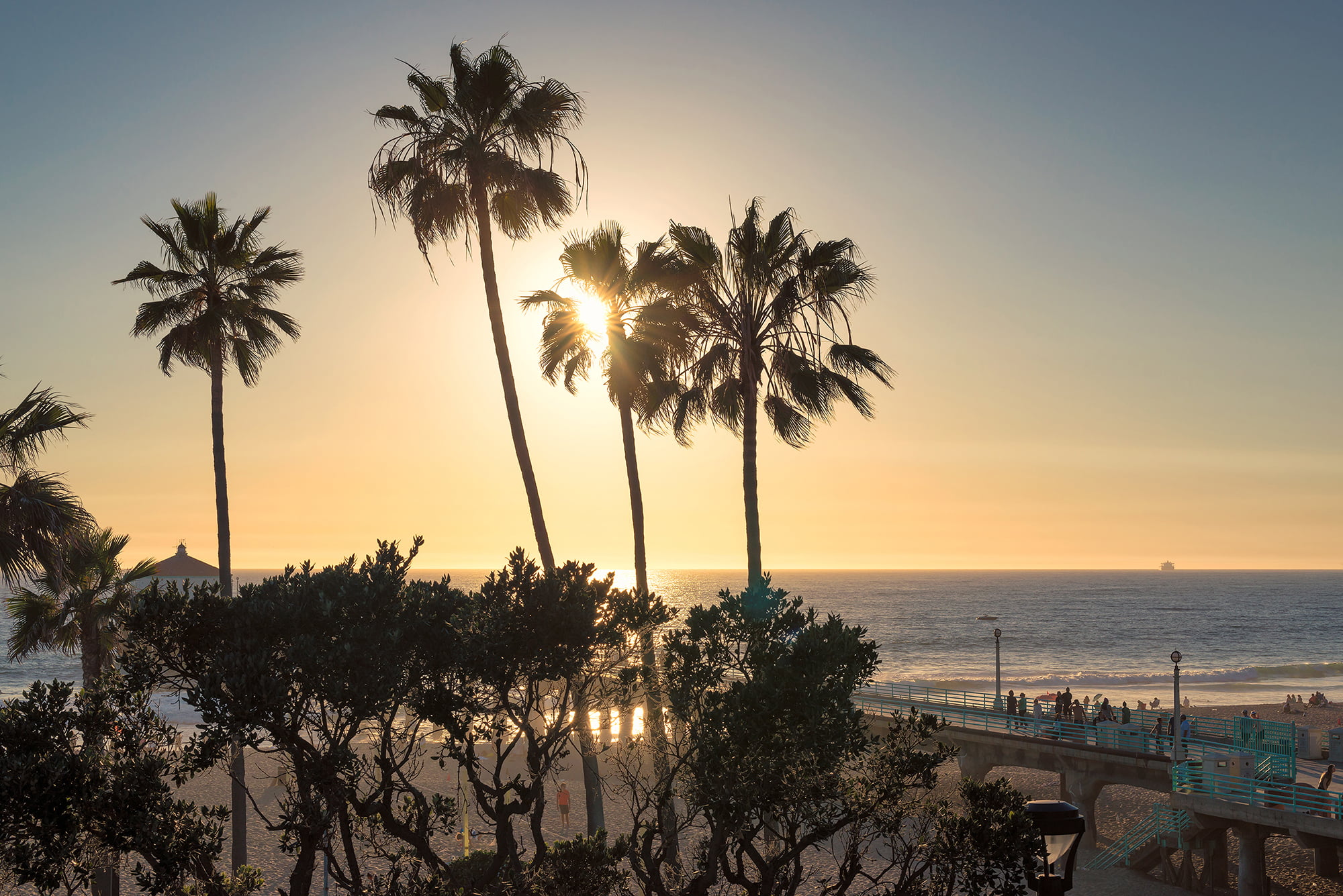 A scenic view of a beach at sunset with palm trees silhouetted against the sky and a pier extending into the ocean - San Dimas Optometry A scenic view of a beach at sunset with palm trees silhouetted against the sky and a pier extending into the ocean - San Dimas Optometry